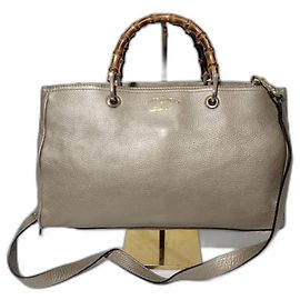 GUCCI Borsa Shopper Media in Pelle di Vitello Metallica a Righe Beige Dorato