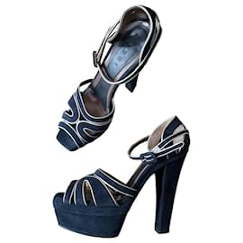Sandali platform con cinturini Marni 38 in suede e pelle blu navy e grigio