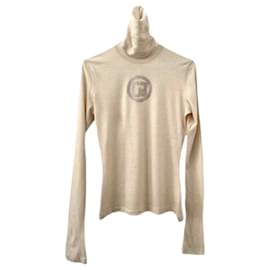 Paco Rabanne Pullover mit Stehkragen in Kaschmir Größe 38/40 in Beige mit Monogramm und Strass