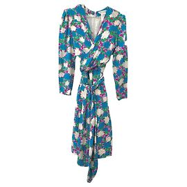 Tulpenkleid Designerin Hanae Mori Paris 38/40 Seide weiß, türkis, fuchsia, grün lila