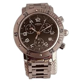 Hermès Clipper Chrono Uhr Stahl Schwarzes Zifferblatt