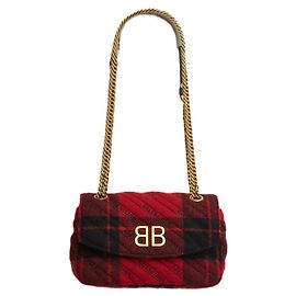 Borsa Balenciaga BB Chain Sac S Rossa Nera Tartan di Lana Dorata BB