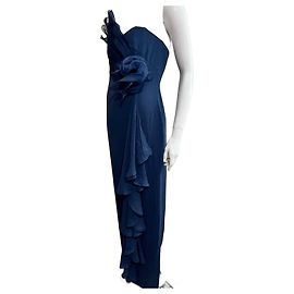Marchesa Trägerloses Abendkleid aus dunkelblauer Seide mit Organza-Besätzen