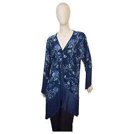 Autre Marque Athena Procopiou Seiden-Cardigan Blau Floral mit Fransen