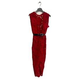 Prada Midi Kleid aus roter Guipure-Spitze und Baumwolle mit Gürtel