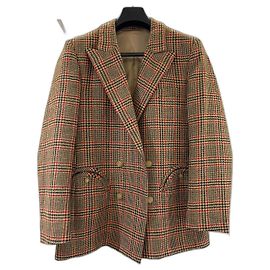 Autre Marque Blazer Príncipe de Gales de Lana Negro Camello Amarillo Ribete Rojo