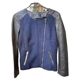 Abrigo Maison Scotch de lana y cuero azul marino