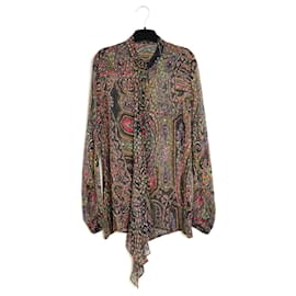 Etro Top FR40 Blusa de Chiffón de Seda Boteh y Puntos de Terciopelo UK12 US10