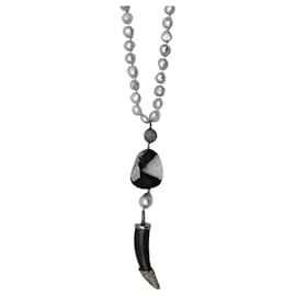 Collana lariat a corno con perle Bavna bianche e nere, onice e pavé di diamanti - Autre Marque