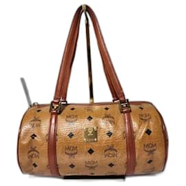 MCM Vintage Visetos Coated Canvas and Leather Barrel Bag Cognac