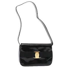 Borsa a Spalla Salvatore Ferragamo in Pelle Verniciata Nera e Oro Auth bs16894