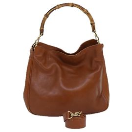Bolsa de mão em couro GUCCI Bamboo 2 vias marrom ouro 001 1705 1638 Auth yk14231