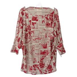 John Galliano Bluse Weiß mit Rotem Vogel und Blumen Print