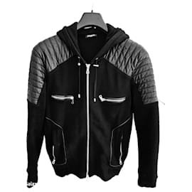 Balmain Schwarzer Baumwollpullover mit Kapuze und Lammleder