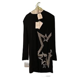 Balmain Body Con Kleid schwarz mit Kristallsternen und langen Ärmeln