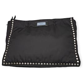 Borsa tote Prada Re-Nylon nera e blu con rivetti