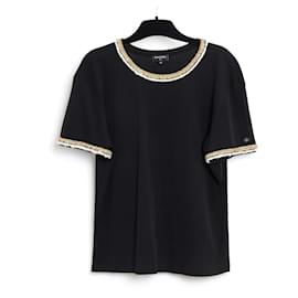 Chanel PF2017 Top FR38 Jersey Negro con Ribete Dorado Ritz Camiseta US8