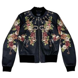 Giacca Bomber in Pelle Dolce & Gabbana Stampa Fiori e Chiavi