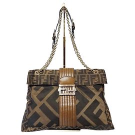 Borsa a spalla Maxi Baguette in tela e pelle Zucca Tobacco di Fendi marrone
