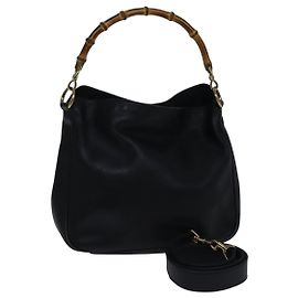 Bolso de Hombro de Cuero GUCCI Bamboo 2way Negro Oro 001 1638 2058 Auth 89140