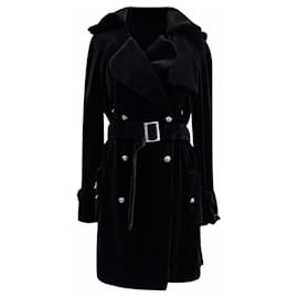 Abrigo negro de terciopelo de doble botonadura con cinturón 08A de Chanel & Karl Lagerfeld 2008