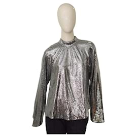R+A Silver Sequined High Neckline Wide Sleeve Blouse - Autre Marque
