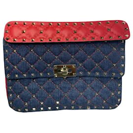 Sac Rockstud spike en jean et cuir rouge - Valentino Garavani
