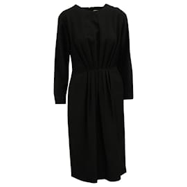 Vestido midi de mangas largas plisadas en lana negra de Dries Van Noten