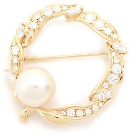 Autre Marque Spilla in perle e diamanti MIKIMOTO in oro giallo 18K 11,8mm D1,64ct