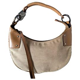 Bolsa de ombro hobo meia-lua em lona e couro bege vintage Gucci