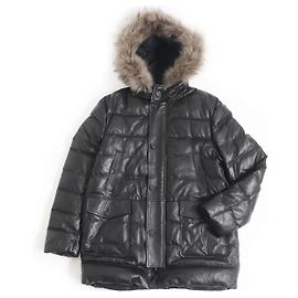Autre Marque Abrigo de plumas de cuero Nappa Emmeti Tiago Lamb con capucha de piel de mapache, negro, talla 52
