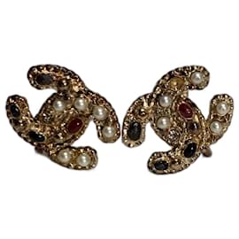 Chanel Clip Ohrringe Gold Metall Perle und Strass