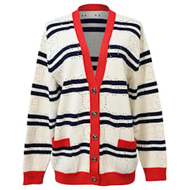 Gucci Love Parade gestreifter Knopf-Down-Cardigan aus Lochstrick in cremefarbener Baumwolle