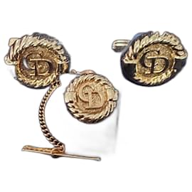 Gemelli e spilla per cravata Christian Dior logo rotondo dorato