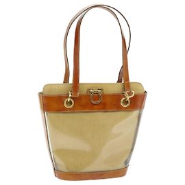 Borsa a Spalla Gancini in Vinile Beige Arancione Auth 89799 di Salvatore Ferragamo