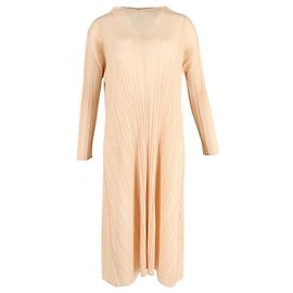 Vestido midi de manga larga plisado Issey Miyake en poliéster nude