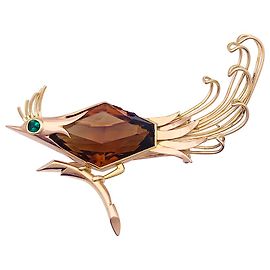 inconnue Spilla vintage, 'Uccello del Paradiso', oro rosa, citrino, smeraldo.