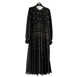 Vestito lungo Twin Set in chiffon nero ricamato con perle dorate 44 IT