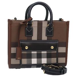 Burberry Nova Check Handtasche Leder 2-Wege Braun Gold Auth 91589A