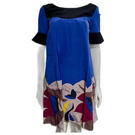 Temperley London Vestido de seda azul e multicolorido com mangas de trompete