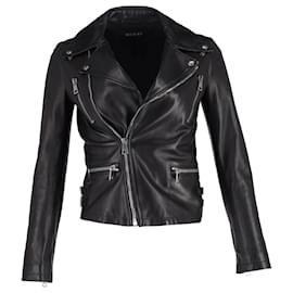 Chaqueta de motorista de cuero negro bordada con pájaros Gucci