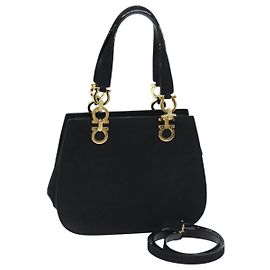 Borsa a mano Gancini in suede Salvatore Ferragamo 2way Nero Oro Auth 93549