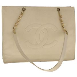CHANEL COCO Borsa Tote Mark Chain Pelle Caviar Beige Oro CC Auth bs18886