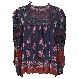 Roseanna Blusa stampata con volant Eloise in seta blu navy di Sea New York