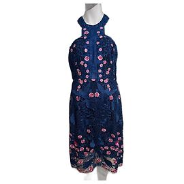 Marchesa Abito in pizzo a forma di uccello in un blu chiaro con accenti floreali rosa