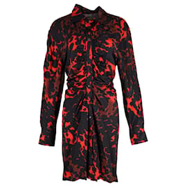 Vestido camisa estampado Dries Van Noten en satén negro y rojo