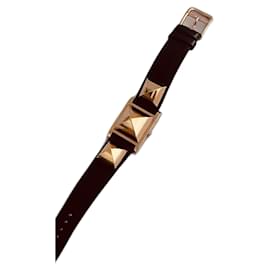 Hermès Médor watch gold plated and black leather white dial