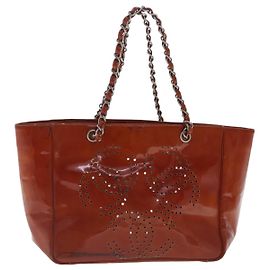 CHANEL Triple Coco Ketten Tote Tasche Lackleder Orange Silber CC Auth bs18659