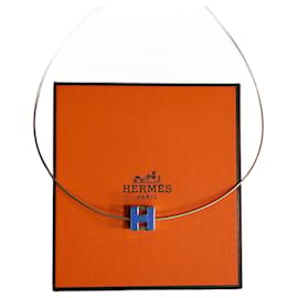 Collier Hermès Cage d'H en argent et émail bleu