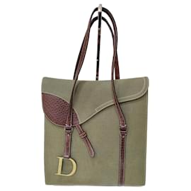Sac Saddle Christian Dior Rectangulaire Khaki Cuir et Toile